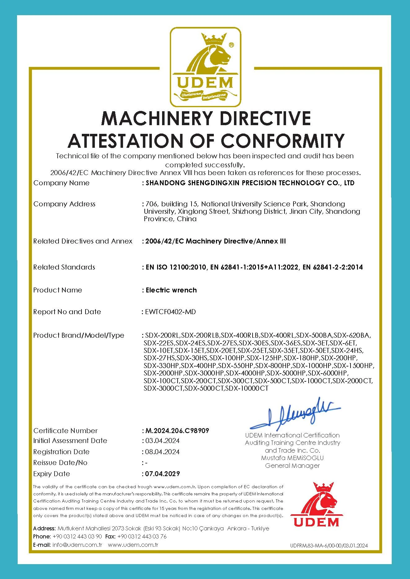 UDEM Machinery Directive Attestation of Conformity M.2024.206.C98909